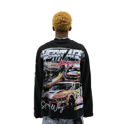 Heritage Classics Heights Speedway long sleeve T-shirt in black with logo graphic on front, casual and comfortable fit.