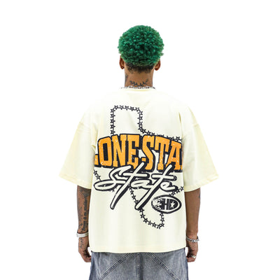 HeightsDistrict LoneStar Tee, white graphic T-shirt with LoneStar design, casual fit, front view on plain background.