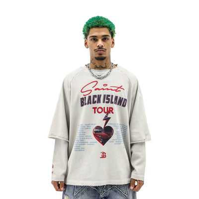 Black Island Tops black shirt with tropical island graphic, casual style, displayed on a hanger.