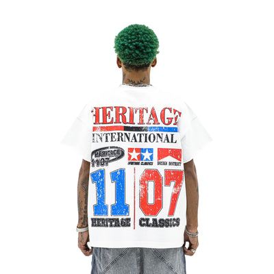 HeightsDistrict Heritage Motocross half-sleeve T-shirt with bold graphic design on black fabric.