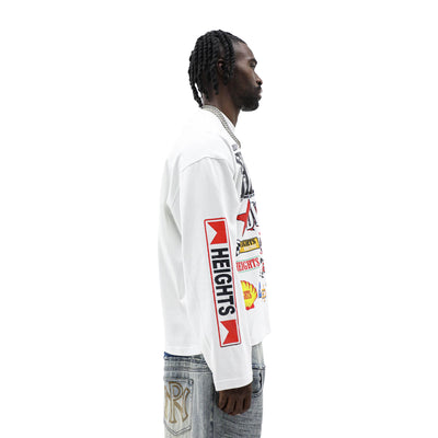 HeightsDistrict branded T-shirt featuring the Heights logo in black on a white cotton shirt, casual and comfortable fit.