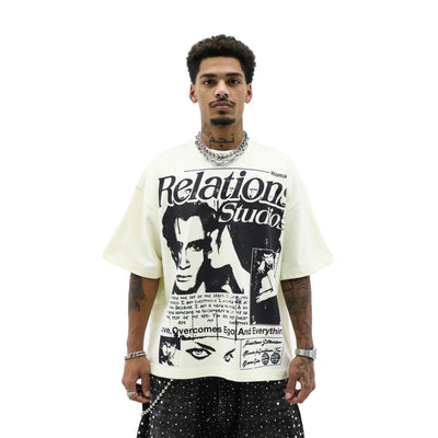 Public Relations Relations Studios T-shirt featuring a stylish design, shown in a close-up of the front print and fabric texture.