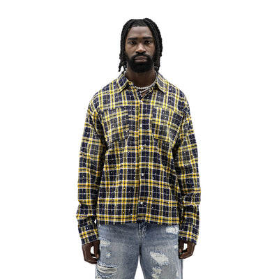 HeightsDistrict Stone Flannel long sleeve top with a relaxed fit, featuring a classic plaid pattern and soft fabric for comfortable wear.