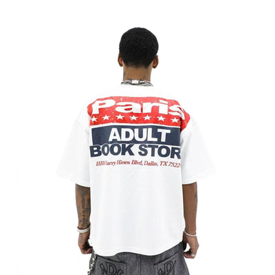Black HeightsDistrict Paris Adult Store T-shirt with logo and graphic design on front, casual fit and soft cotton fabric.