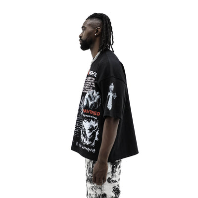 Black "Only God Can Judge Me" T-shirt by Saint Heights displayed on a hanger with a plain background.