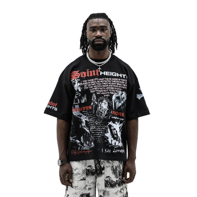Black Saint Heights T-shirt with "Only God Can Judge Me" printed graphic on the front, casual streetwear style.