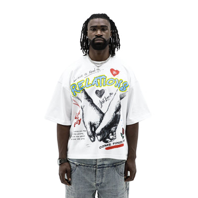 Public Relations "Come Find Me" T-shirt featuring bold text design on soft cotton fabric, displayed on a flat white background.