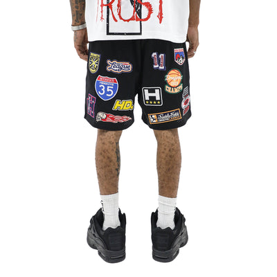 Vintage patch varsity shorts by HeightsDistrict featuring embroidered patches, classic athletic style, and comfortable fit.