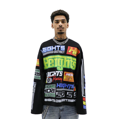 HeightsDistrict HEIGHTS Racing District T-shirt featuring a bold racing-themed design on a black fabric background.
