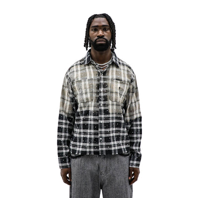 HeightsDistrict stone flannel long sleeve top with a relaxed fit, featuring a classic button-up design and soft fabric.