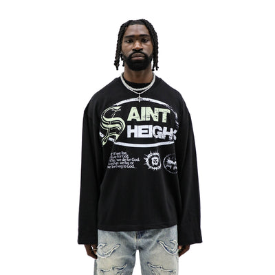 HeightsDistrict Saint Heights long sleeve T-shirt in black, featuring a classic fit and soft cotton fabric display.