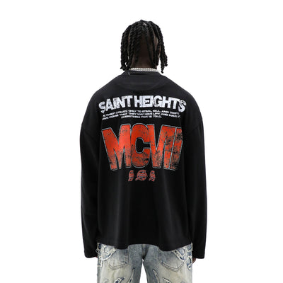 HeightsDistrict Saint Heights MCVII long sleeve t-shirt in black with logo design, casual fit, and crew neckline.