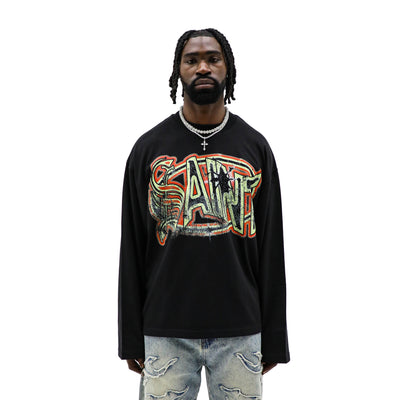HeightsDistrict Saint Heights MCVII long sleeve T-shirt with graphic design on white fabric, casual style.