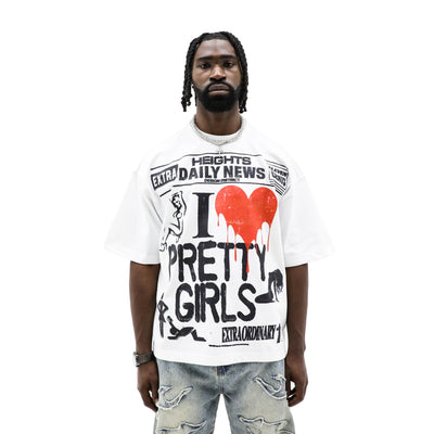Black "I Love Pretty Girls" T-shirt by HeightsDistrict featuring bold white lettering on front.