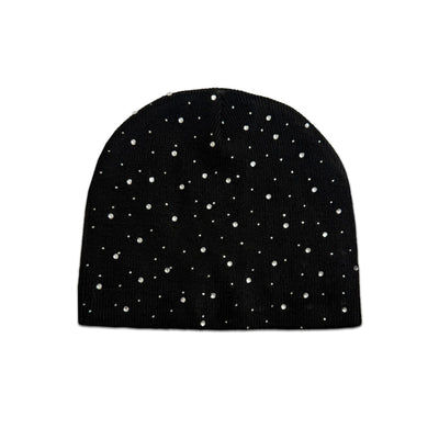 HeightsDistrict Constellation Jewel Beanie featuring a dark knit fabric with star-shaped embellishments and a cozy fit.