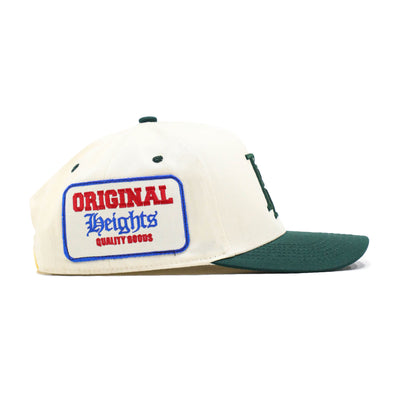 HeightsDistrict PR Varsity Snapback hat with embroidered logo, black and white design, flat brim, and adjustable snapback closure.