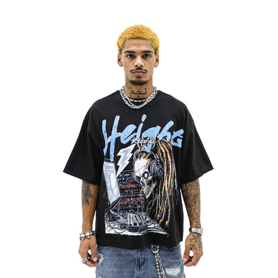 HeightsDistrict branded T-shirt featuring a graphic design, white fabric with colorful artwork on the front.