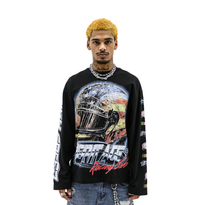 Heritage Classics Heights Speedway long sleeve T-shirt in black with racing logo print, casual and comfortable fit.