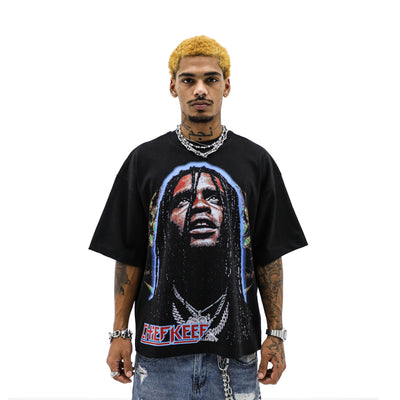 HeightsDistrict Keef T-shirt featuring a stylish graphic design on a comfortable cotton shirt.