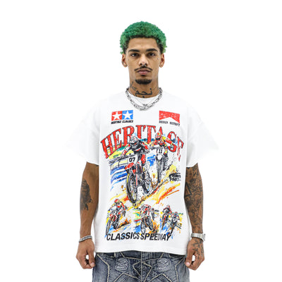 Heritage Motocross half-sleeve T-shirt by HeightsDistrict, featuring bold motocross print on a casual black T-shirt.