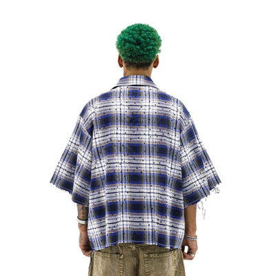 Blue Rhinestone Flannel top by HeightsDistrict, featuring a stylish plaid pattern with sparkling rhinestone accents.