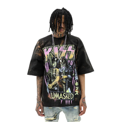 Kiss Unmasked T-shirt by HeightsDistrict featuring a bold graphic design of the band Kiss with unmasked members on a black fabric background