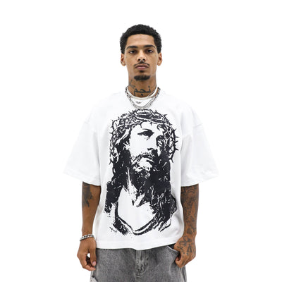 Black "God Bless" T-shirt by HeightsDistrict displayed on a hanger, featuring bold white text on the front.