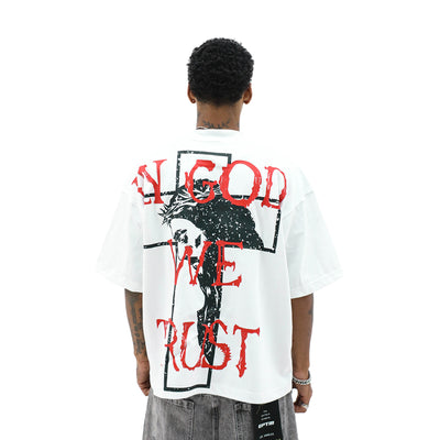 Black "God Bless" T-shirt from HeightsDistrict featuring bold white text on the front.