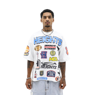 HeightsDistrict HD Varsity Tee in white with blue and red varsity lettering, front view showing classic T-shirt design.