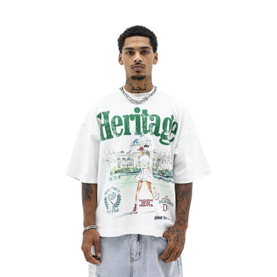 Heritage Tennis Club t-shirt by HeightsDistrict, white cotton tee with Heritage Tennis Club logo and design, front view