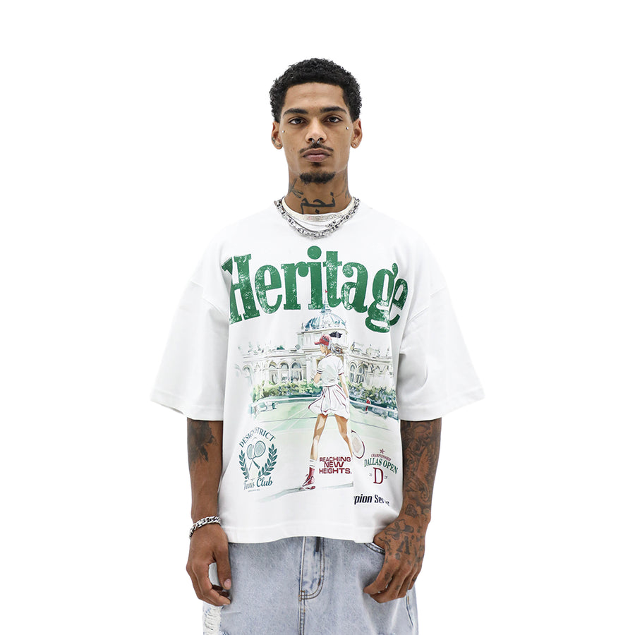 Heritage Tennis Club t-shirt by HeightsDistrict, white cotton tee with Heritage Tennis Club logo and design, front view