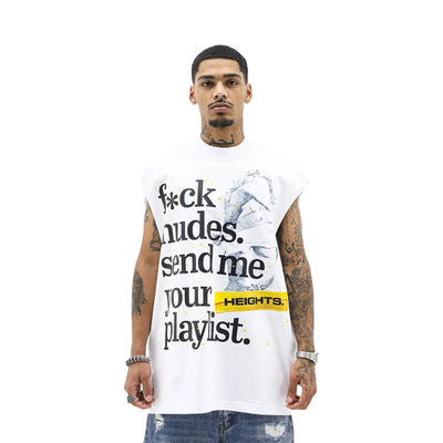 HeightsDistrict Send Playlist T-shirt featuring a stylish graphic design on a black cotton shirt.