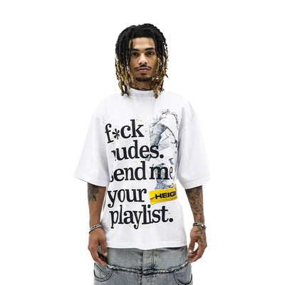 HeightsDistrict Send Playlist T-shirt featuring a graphic design on a black fabric shirt, close-up view of the front design.