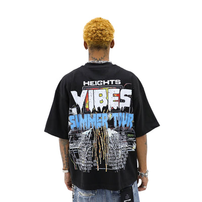Back view of a HeightsDistrict T-shirt featuring Heights Records logo on the back, made of soft cotton fabric.
