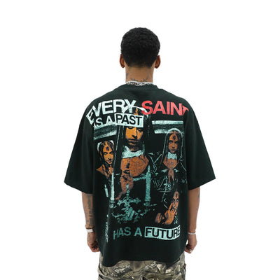 HeightsDistrict Sinners Future T-shirt featuring a bold graphic design on a black fabric background.