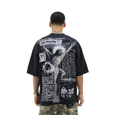 Black Saint MCVII T-shirt by HeightsDistrict featuring a minimalist graphic design on the front.