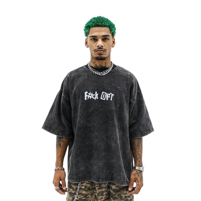 HeightsDistrict F*CK OFF T-shirt featuring bold black text on a white cotton shirt, casual streetwear style.