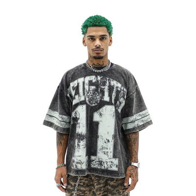 HeightsDistrict Varsity Eleven T-shirt with bold varsity-style lettering in black and white on soft cotton fabric.