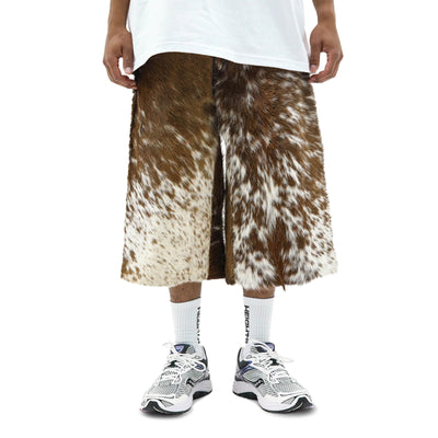 Cowhide leather shorts by HeightsDistrict, featuring a stylish fit and natural texture in a close-up view.