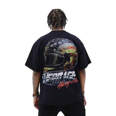 Heritage Classics Speedway T-Shirt featuring vintage racing design in black and white, made from soft cotton fabric.