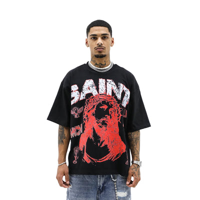 HeightsDistrict Saint Living T-shirt featuring a stylish graphic design on a comfortable cotton fabric.