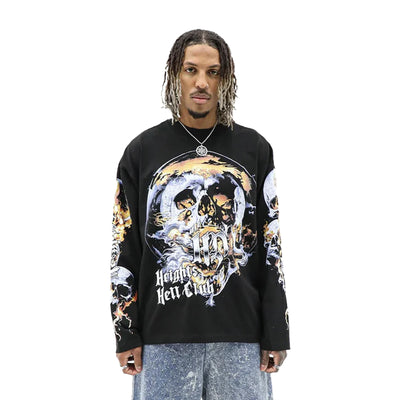 HeightsDistrict Heights Hell T-shirt featuring bold graphic design on black cotton fabric.