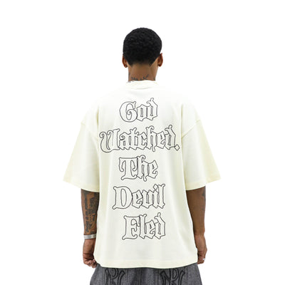 Black Devil Fled T-Shirt by HeightsDistrict featuring a bold devil graphic on the front, casual and stylish for everyday wear.