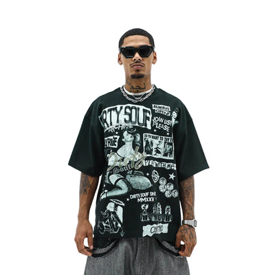 Dirty Souf Archives T-shirt featuring a graphic design with bold text and streetwear style, black fabric with colorful accents.