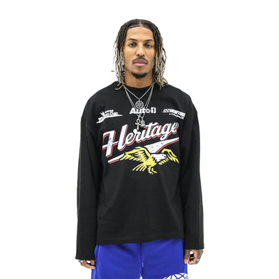Heritage Classics Heritage Auto Club long sleeve T-shirt in black with logo, casual style, front view.