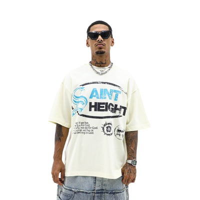 HeightsDistrict Saint Heights Cream T-shirt with a soft fabric and stylish design, displayed on a plain background.