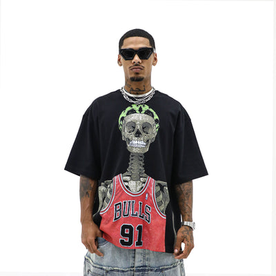 Public Relations Rodman Skeleton T-Shirt featuring a detailed skeleton graphic on a casual cotton shirt.