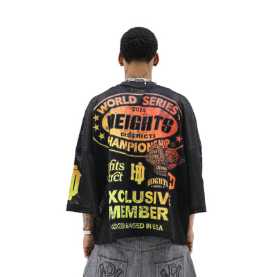 HeightsDistrict Stadium Jersey top with team logo and bold lettering, black and white sports apparel for fans and players.