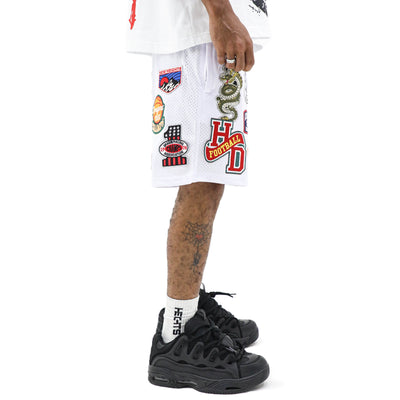 Vintage patch varsity shorts by HeightsDistrict featuring classic design and athletic style, displayed on a neutral background.