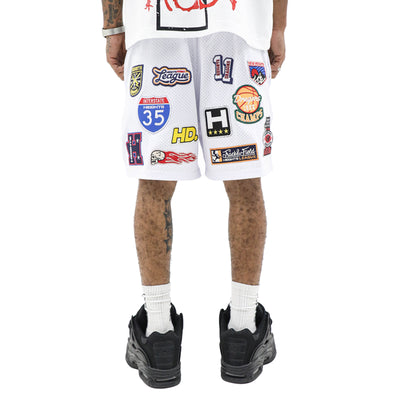 Vintage patch varsity shorts from HeightsDistrict featuring classic design and embroidered patches on durable fabric.